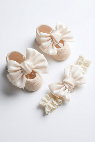 Bézs csipkés baba zokni és nyomáscsökkentő fejpánt szett - Elegancia a legkisebbeknek (0-12 hónap)